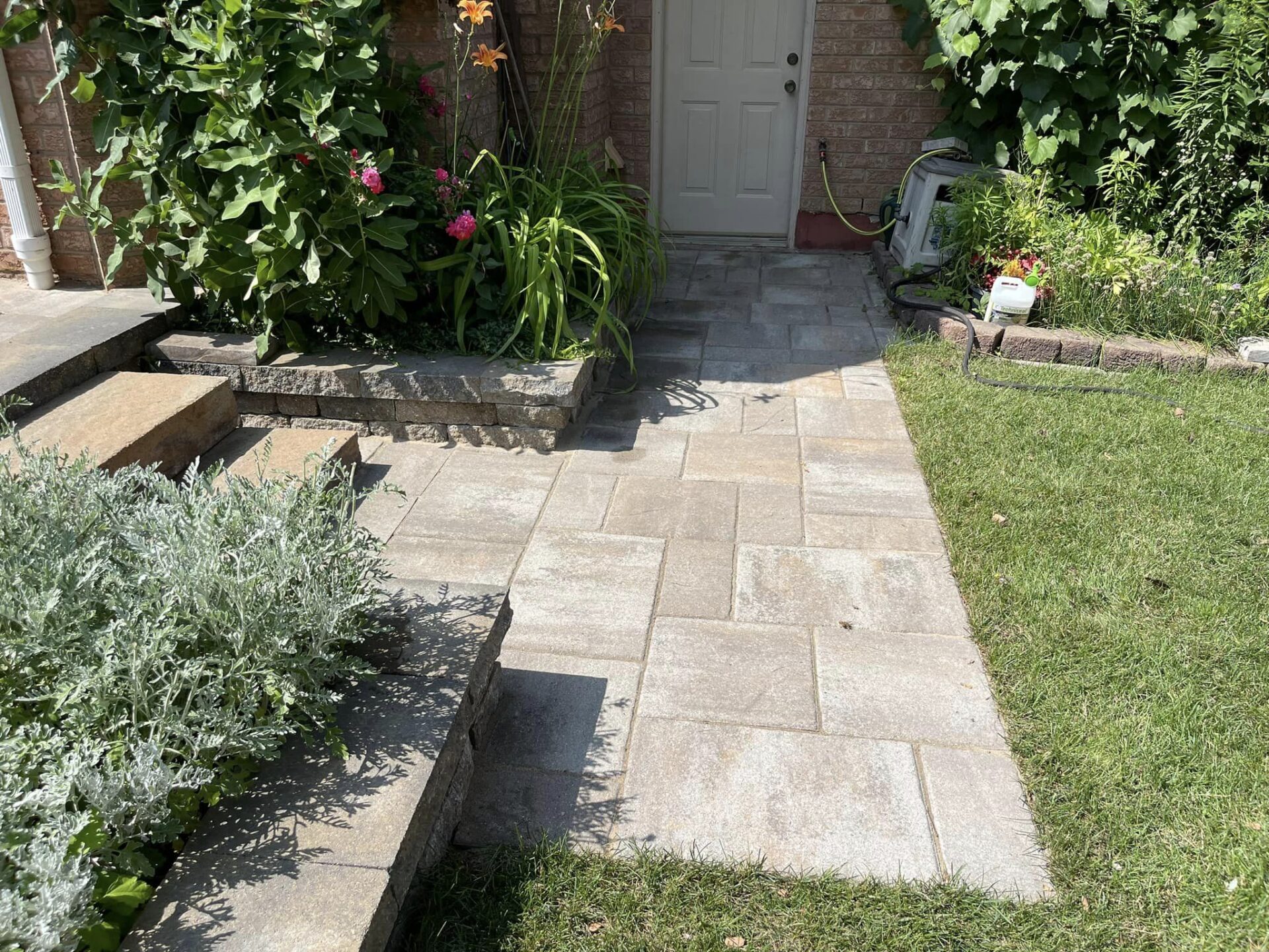 The image shows a garden path leading to a house door, flanked by lush plants, flowers, and green grass under a bright, sunny sky.