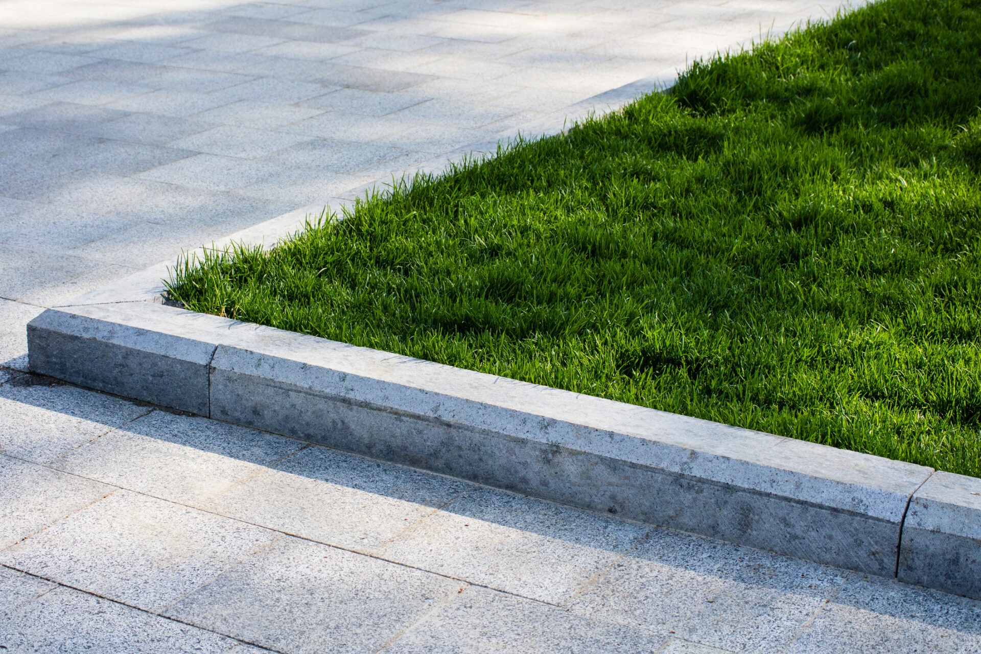 This image shows a neatly edged patch of vibrant green grass adjacent to a smooth, grey concrete sidewalk, separated by a linear concrete curb.