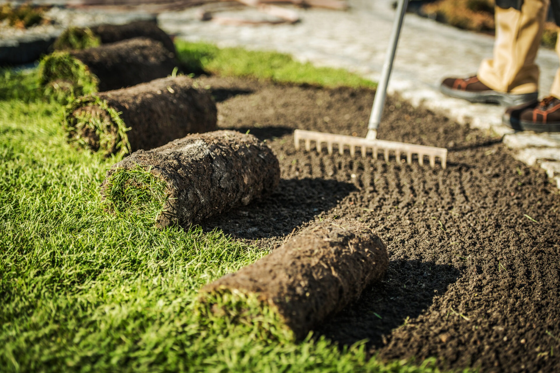 The image shows rolls of sod being laid on soil to establish a new lawn. A person with a rake is preparing the ground in the background.