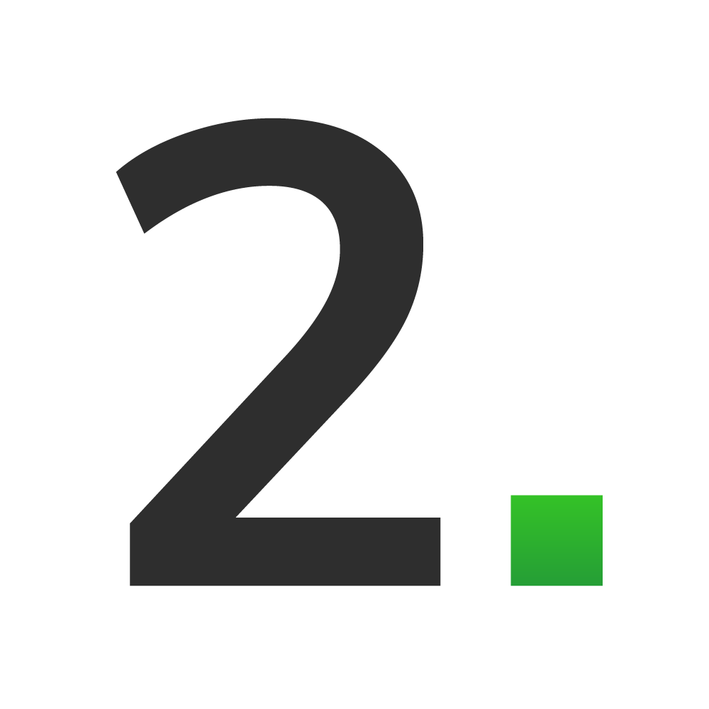 This image features a large grey numeral "2" on a black background, accompanied by a smaller, bright green square situated to the bottom right corner.