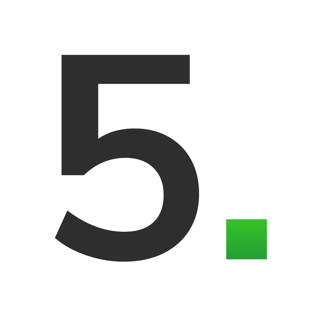 This image shows a large, bold number five against a black background, with a smaller green square positioned to the bottom right.