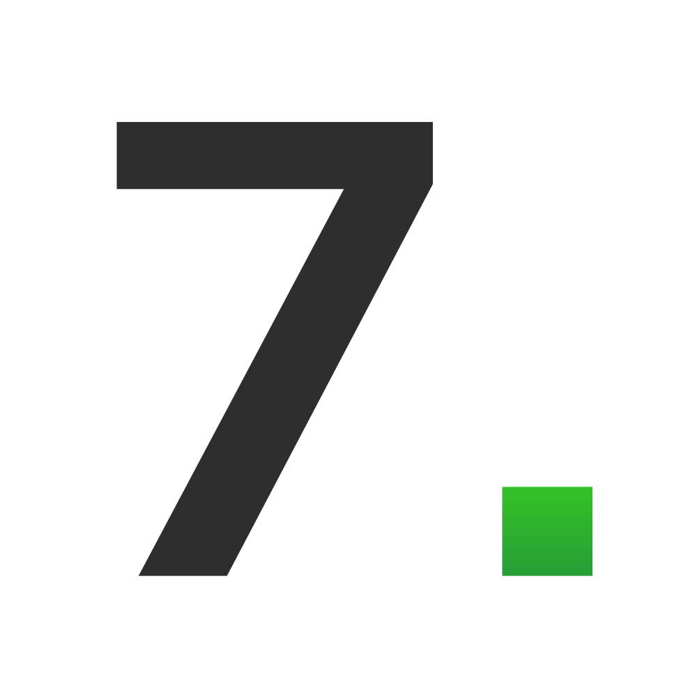 The image displays a large, bold number seven in gray, situated on a black background, accompanied by a smaller green square located at the lower right.