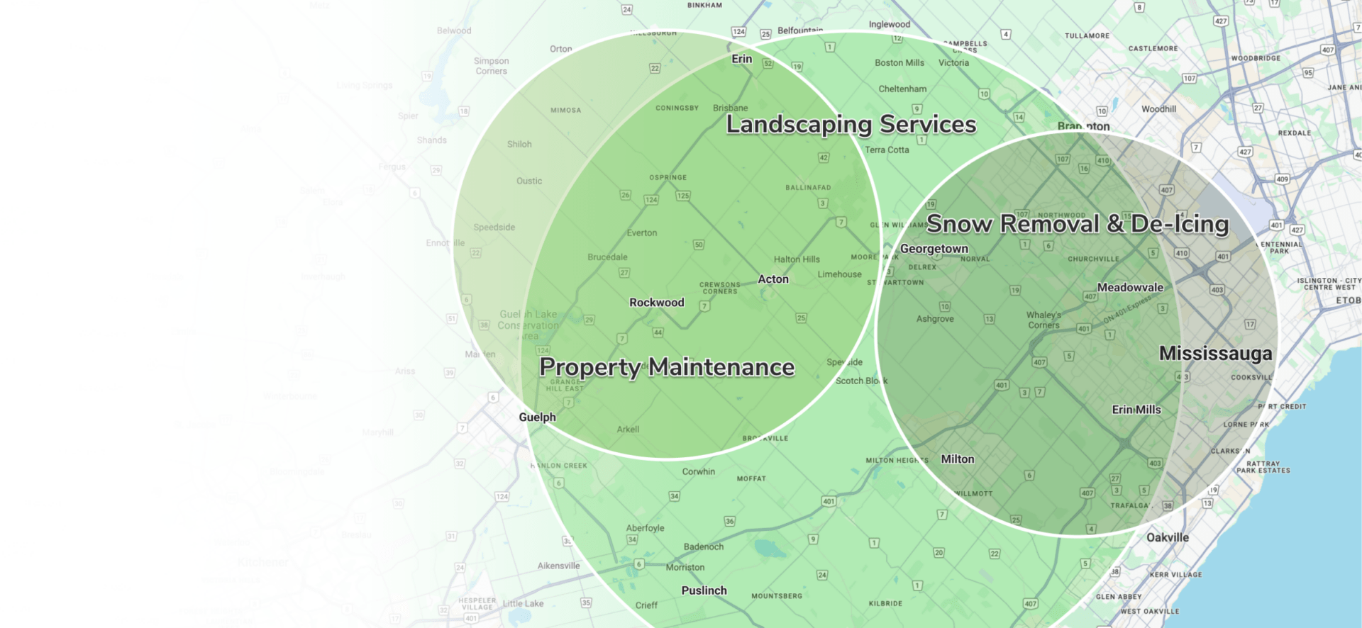 This image shows a map with overlaid transparent green circles labeled "Landscaping Services," "Property Maintenance," and "Snow Removal & De-Icing," indicating service areas.