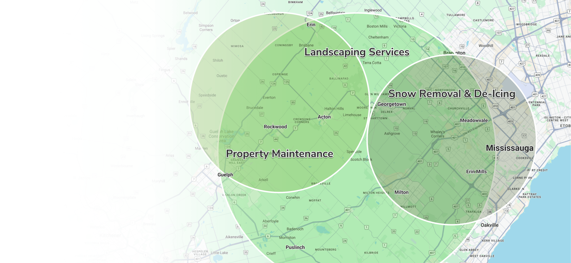 This image shows a map with overlaid transparent green circles labeled "Landscaping Services," "Property Maintenance," and "Snow Removal & De-Icing," indicating service areas.