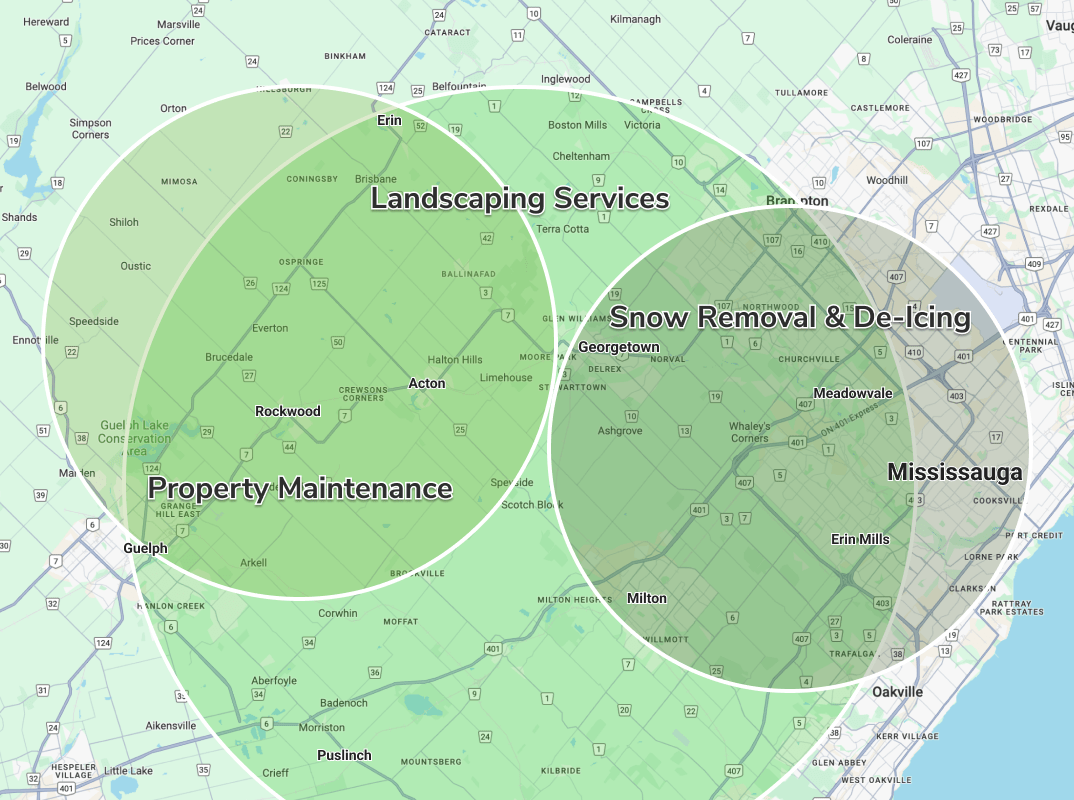 This is a map overlaid with colored circles indicating different service areas: Landscaping Services, Snow Removal & De-icing, and Property Maintenance.