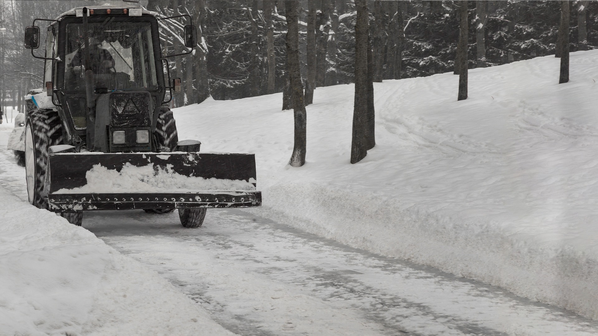 A tractor with a snowplow clears a snow-covered path surrounded by trees, creating a clear route through the winter landscape.